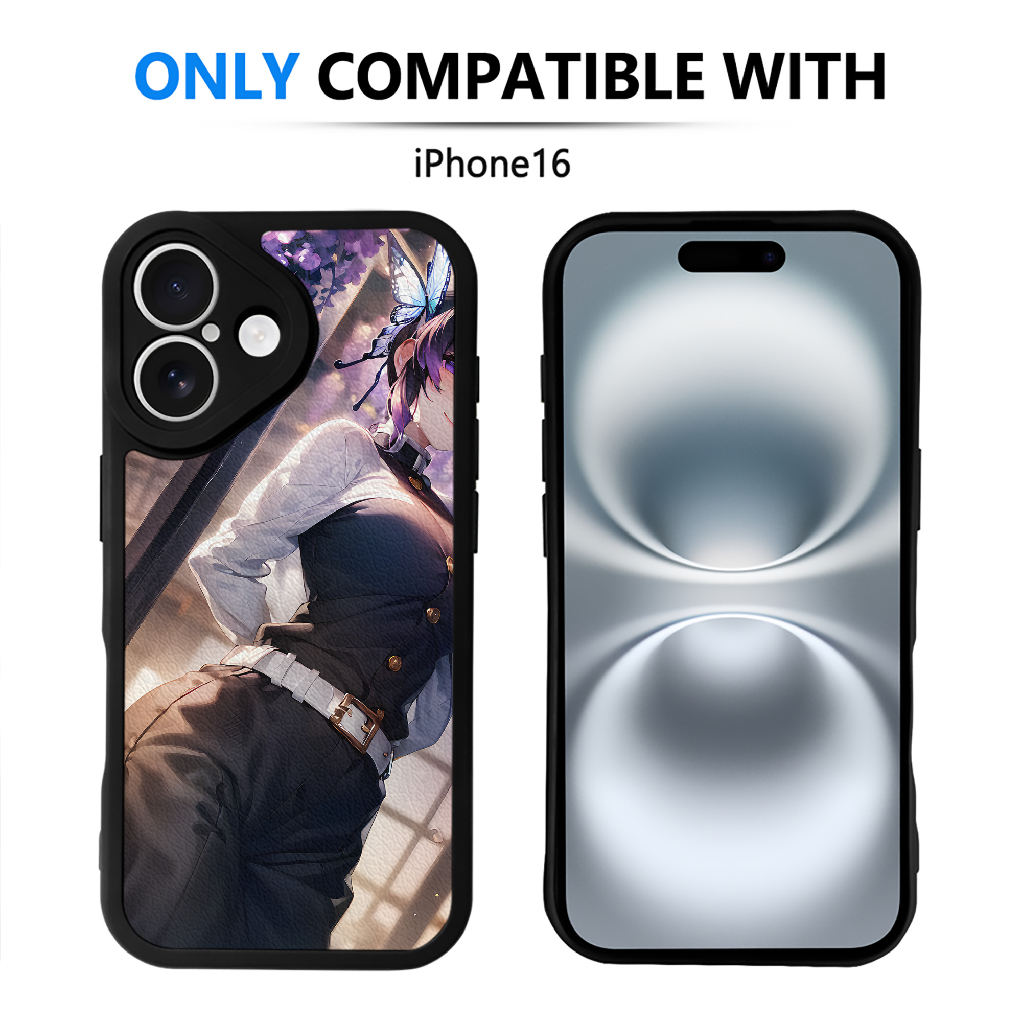 （画像用） 鬼滅の刃（きめつのやいば）蟲柱-胡蝶 しのぶ／こちょう しのぶ Kochou Shinobu 【iPhone 16シリーズ対応】シリコンスマホケース（レザー調） 材質：シリコン